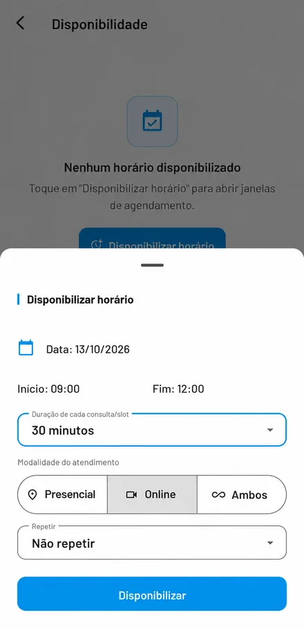 Tela Agenda, Disponibilidade do ORPX para profissionais